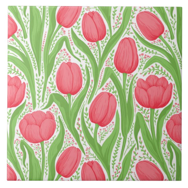 Tulips in red and green ceramic tile (Front)