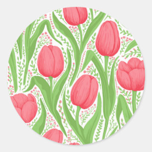 Tulips in red and green classic round sticker