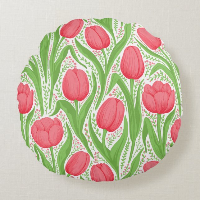 Tulips in red and green round cushion (Front)