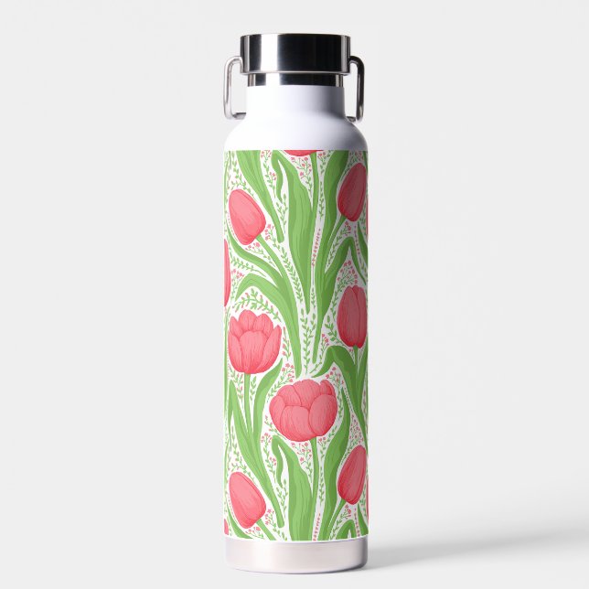 Tulips in red and green water bottle (Front)