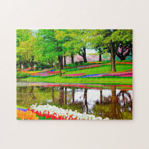 Tulips In Springtime Garden Pond Colourful Large Jigsaw Puzzle