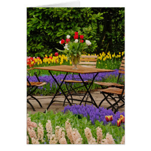 Tulips of table in garden, Keukenhof Gardens,