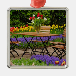 Tulips of table in garden, Keukenhof Gardens, Metal Ornament