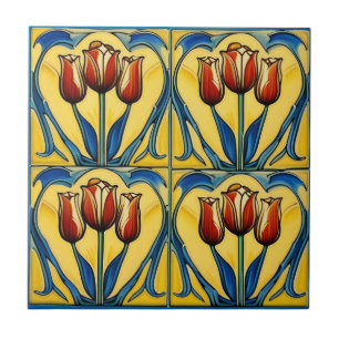 tulips on Symmetric Art Nouveau Ceramic Tile