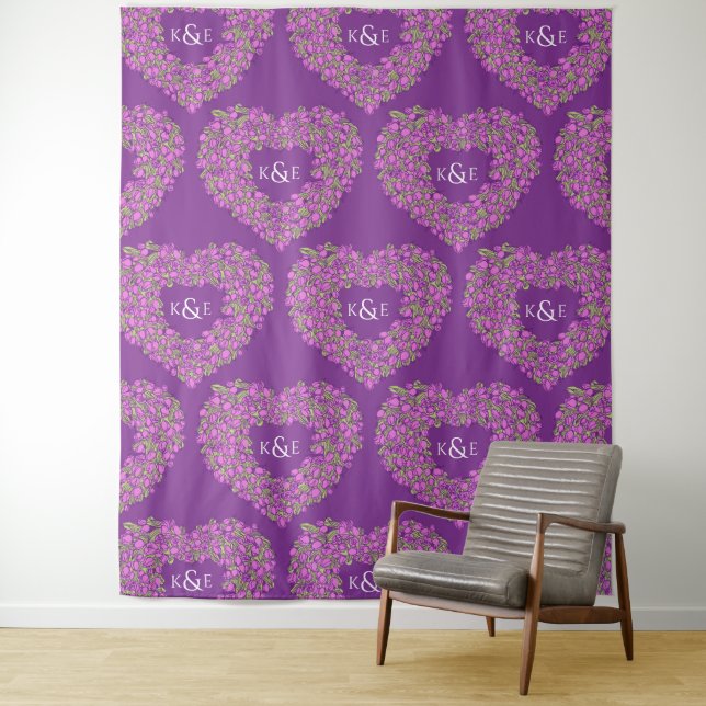 Tulips purple monogram wedding backdrop tapestry (In Situ)