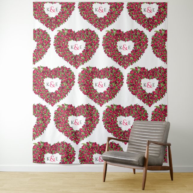 Tulips red monogram wedding backdrop tapestry (In Situ)
