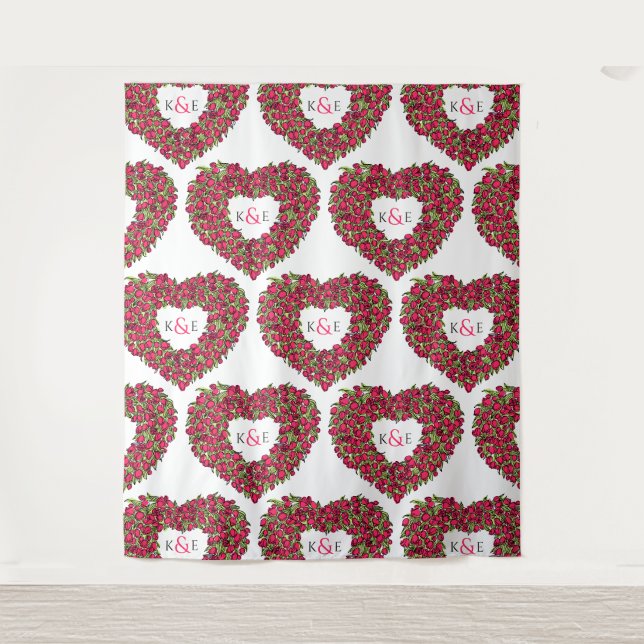 Tulips red monogram wedding backdrop tapestry (Front)