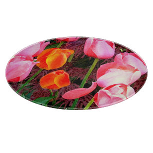 "TULIPS" ROUND GLASS CUTTING BOARD (PHOTOG)