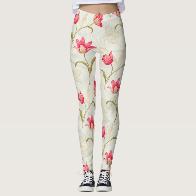 Tulips Unfolding Cream Pink Leggings (Front)
