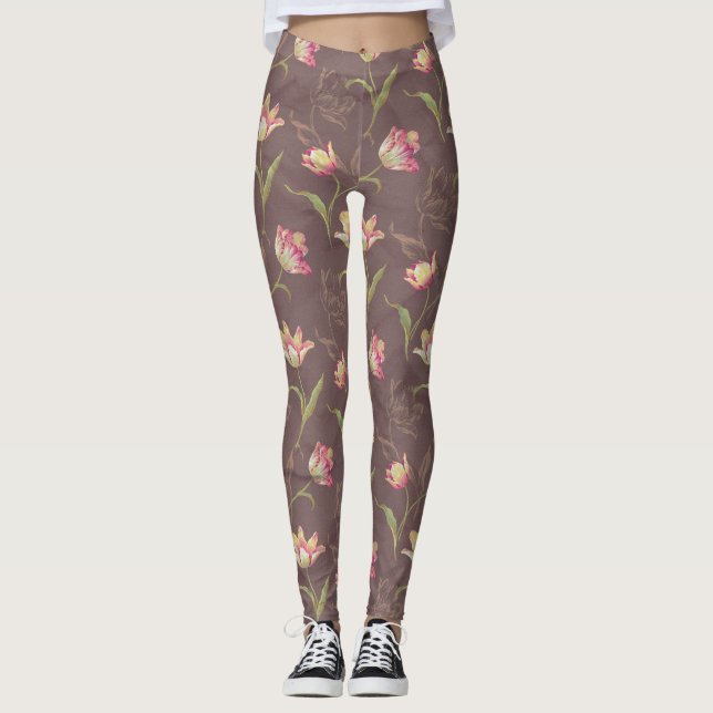 Tulips Unfolding Creamy Pink Dark Version Leggings (Front)
