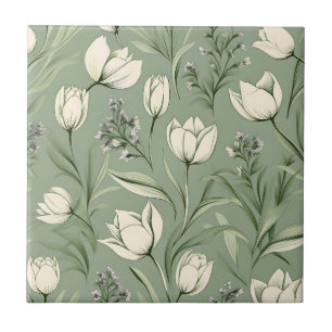Tulips With Leaves On Light Sage Green Ceramic Tile
