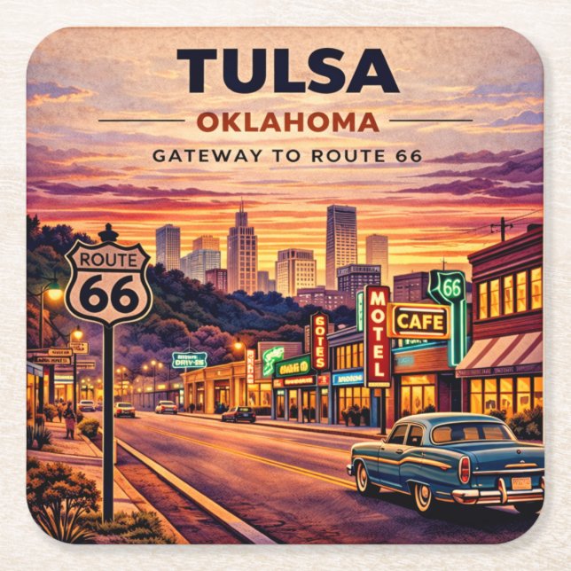 Tulsa Neon Route 66 Tabletop Nostalgia Square Paper Coaster (Front)