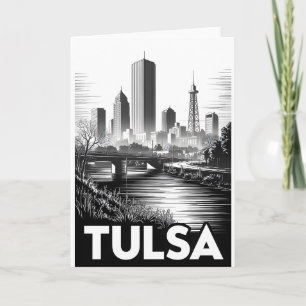 Tulsa Oklahoma Skyline Black White Woodcut Card