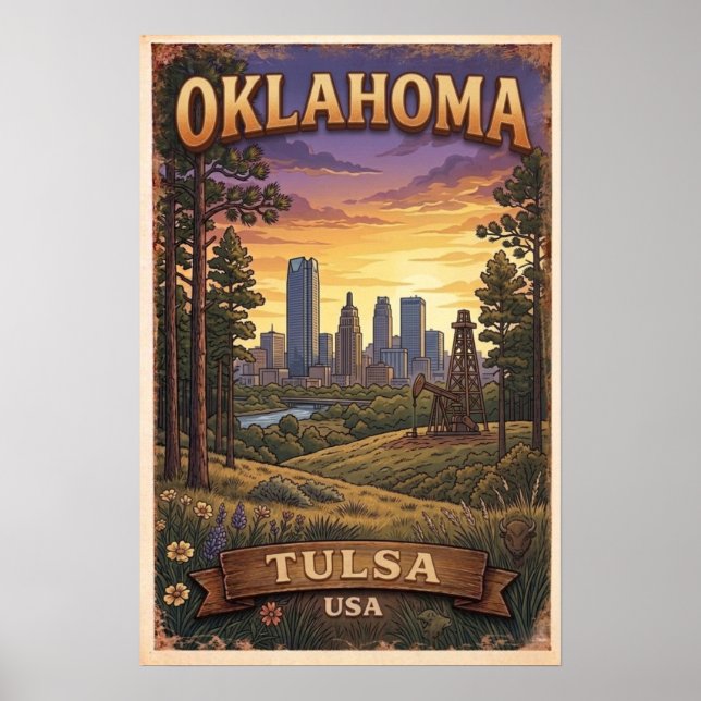 Tulsa Skyline Sunset Illustration Poster (Front)