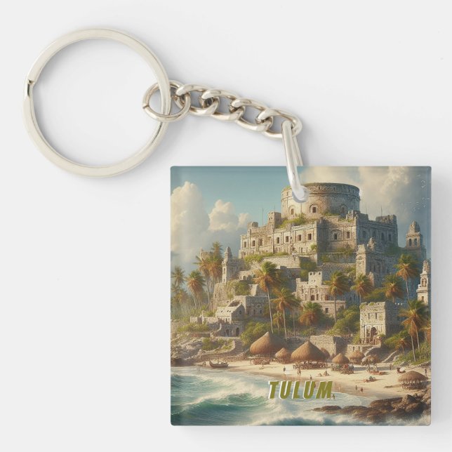 Tulum Mexico Landscape Vintage Travel Key Ring (Front)