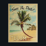 Tulum Mexico Save The Date Vintage Beach Palm Tree Announcement Postcard<br><div class="desc">This neo vintage Tulum Save The Date postcard boasts tons of charm with a cool retro mid-century style. Featuring a tropical palm tree on white sandy beach with a blue ocean and puffy clouds in a blue sky, your destination wedding will make everyone excited when they receive this vintage Playa...</div>