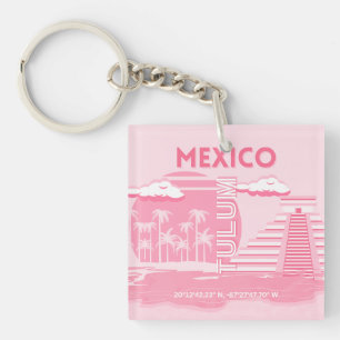 Tulum, Mexico, Travel Art, Pink Art Key Ring