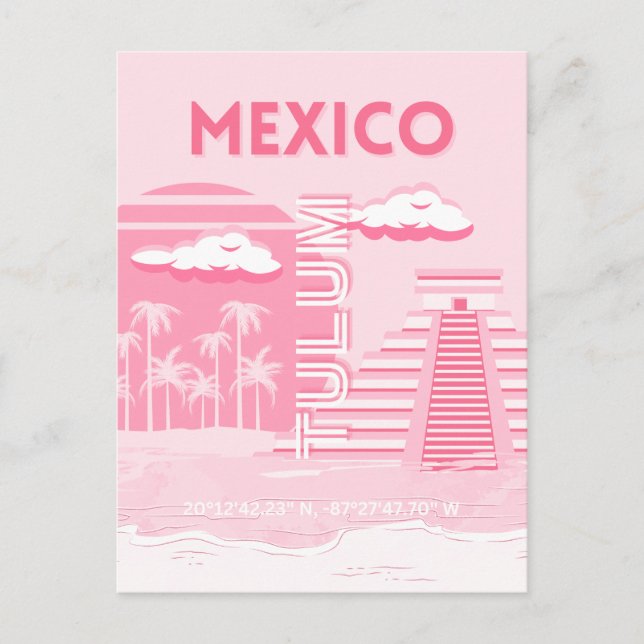 Tulum, Mexico, Travel Art, Pink Art Postcard (Front)