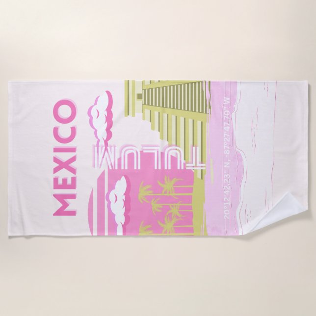 Tulum, Mexico, Travel Art, Pink Beach Towel (Front)