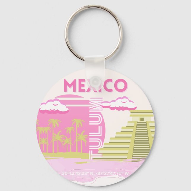 Tulum, Mexico, Travel Art, Pink Key Ring (Front)