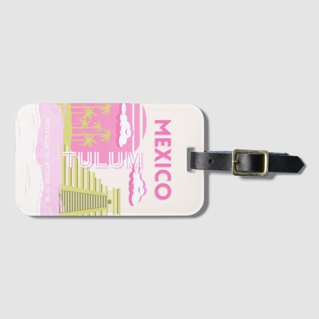 Tulum, Mexico, Travel Art, Pink Luggage Tag (Front Horizontal)