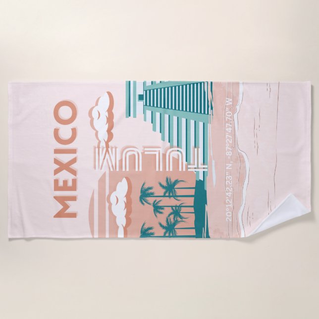 Tulum, Mexico, Travel Art, Retro Beach Towel (Front)