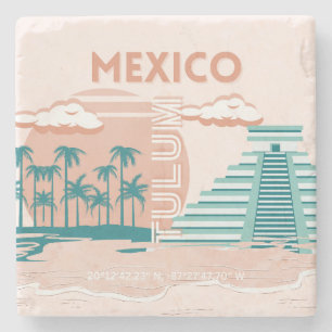 Tulum, Mexico, Travel Art, Retro Stone Coaster
