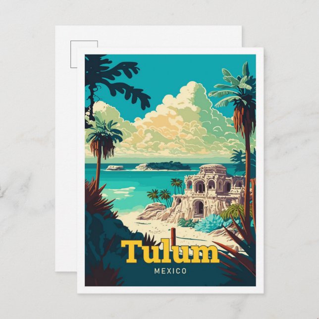 Tulum Mexico Travel Art Vintage Illustration Postcard (Front/Back)