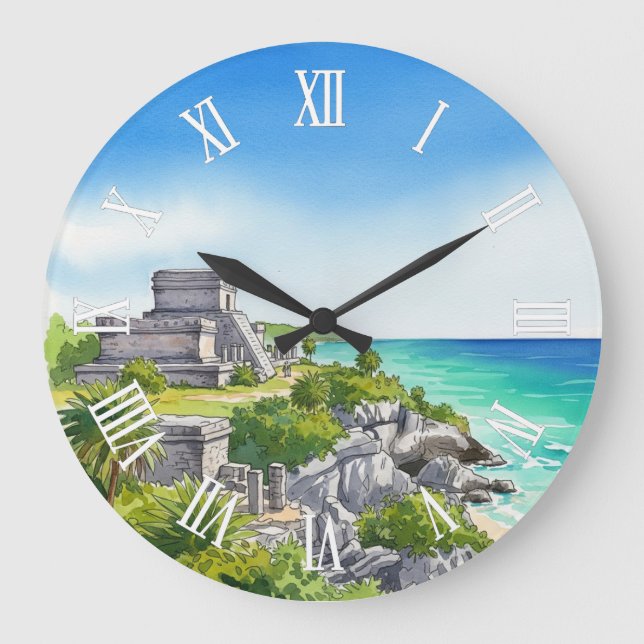 Tulum Mexico Watercolor Large Clock (Front)