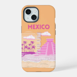Tulum, Travel Art, Retro Art, Pink, Orange iPhone 15 Case