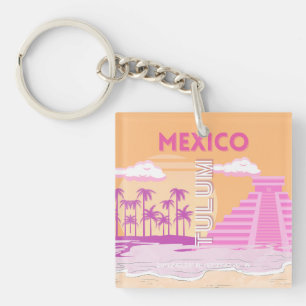 Tulum, Travel Art, Retro Art, Pink, Orange Key Ring