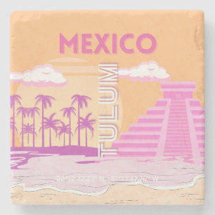 Tulum, Travel Art, Retro Art, Pink, Orange Stone Coaster