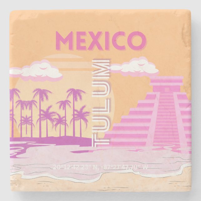 Tulum, Travel Art, Retro Art, Pink, Orange Stone Coaster (Front)