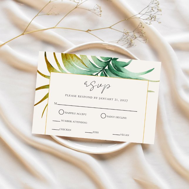 Tulum Watercolor Tropical Gold Palm Destination RSVP Card (Creator Uploaded)