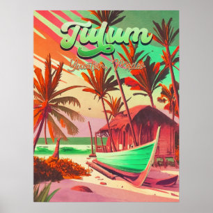 Tulum Yucatán Mexico Beach Watercolor Sunset Poster