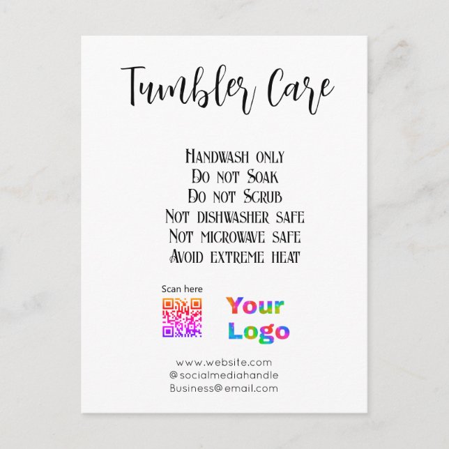 Tumbler care instructions add business name logo postcard (Front)