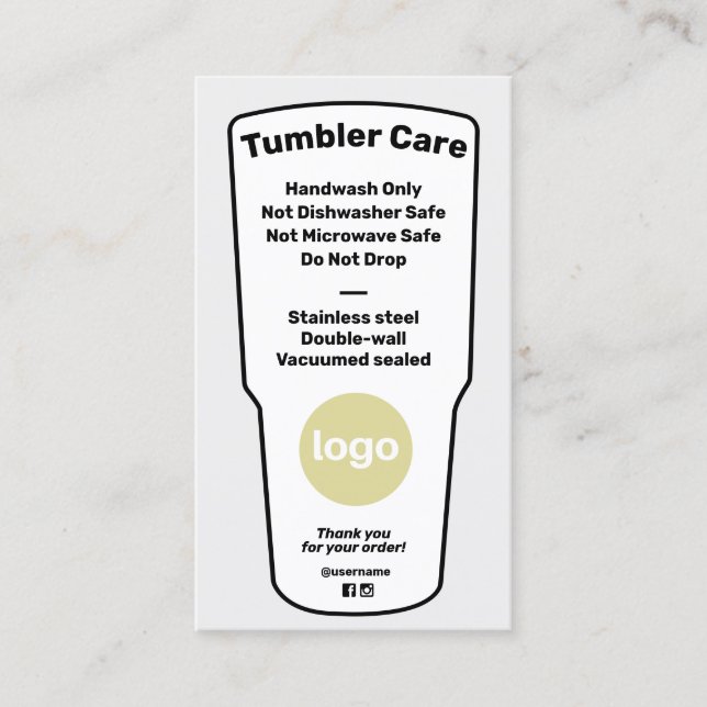 Tumbler Care Instructions Add Logo Business Card (Front)