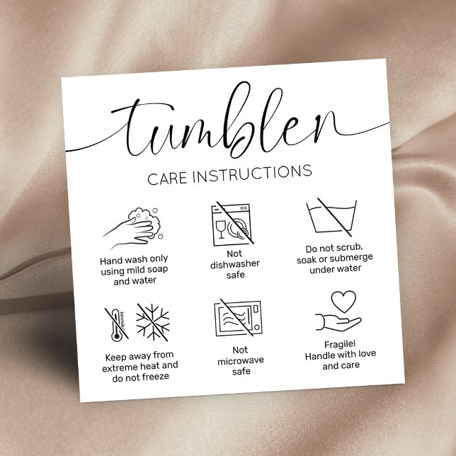 Tumbler Care Instructions Guide Minimalist Logo Square Business Card (Elegant simple tumbler care cards in black and white and modern care icons)