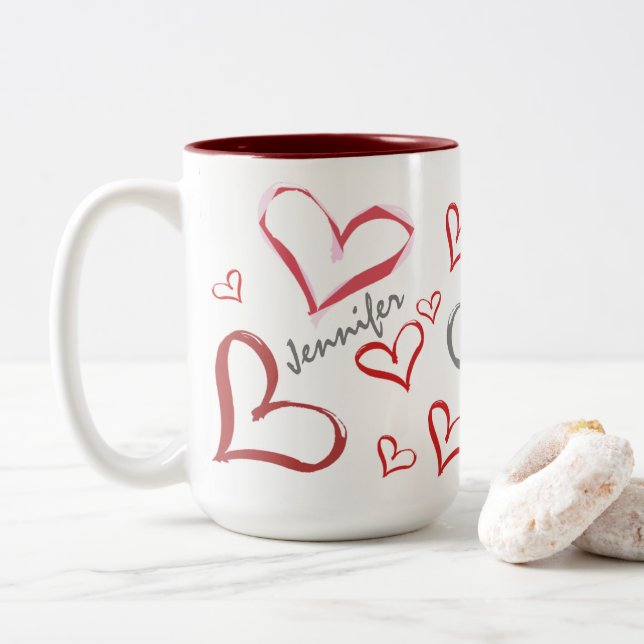 Tumbling Hearts Two-Tone Coffee Mug (With Donut)