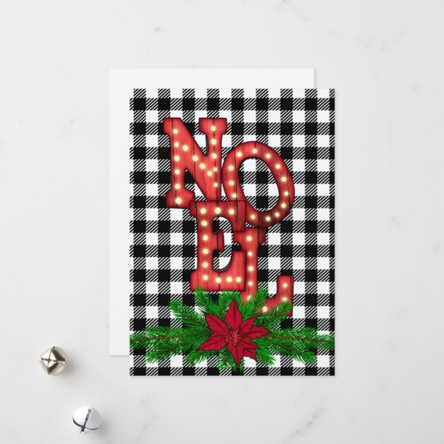 Tumbling Noel on Buffalo Plaid Flat Holiday Card (Front/Back In Situ)