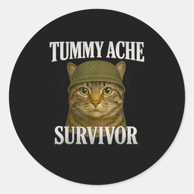 Tummy Ache Survivor Cat Meme Funny Kitten Gift Men Classic Round Sticker (Front)