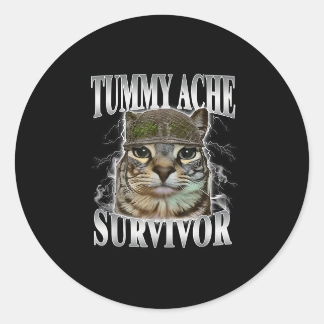 Tummy Ache Survivor Funny Cat Meme  Classic Round Sticker (Front)