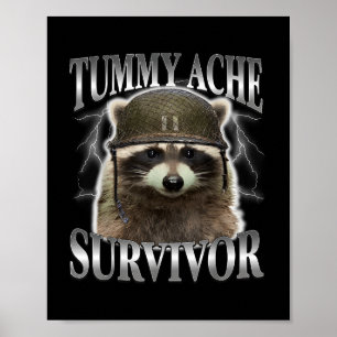 Tummy Ache Survivor Racoon Funny Saying Cats Meme Poster