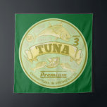 Tuna can pop art tinned fish tapestry<br><div class="desc">A pop-up style illustration of the lid of a tuna can. This is drawn in vector and has the look of a retro advertising poster. It has tuna fish on it and is drawn in times of green and yellow. A design for anyone who loves canned / tinned fish.</div>