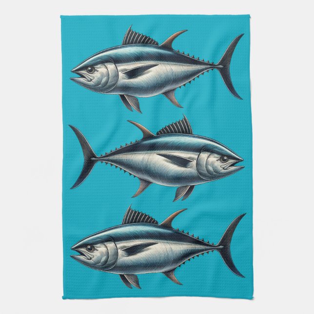 Tuna Fish Blue Tea Towel (Vertical)