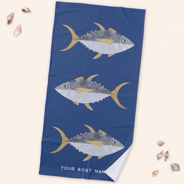 Tuna Fish Boat Name Beach Towel (Personalized boat name tuna fish beach towel)