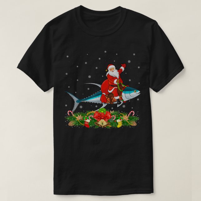 Tuna Fish Lover Xmas Funny Santa Riding Tuna Chris T-Shirt (Design Front)