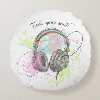 Tune Into Your Soul Headphones Watercolor Art Round Cushion