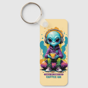 Tuned in Zoned out Coffee On Cute Alien Art Key Ring