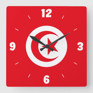 Tunisia Flag Red White Crescent Star Numbers Square Wall Clock